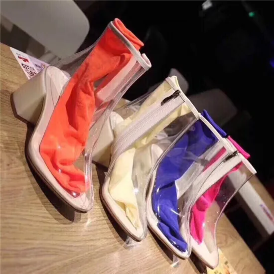 2018 Net Red Shoes Woman PVC Boots Women Ins Hot Transparent Candy Color Sock Ankle Boots Thick High Heel Rain Boots Botas Mujer (1)