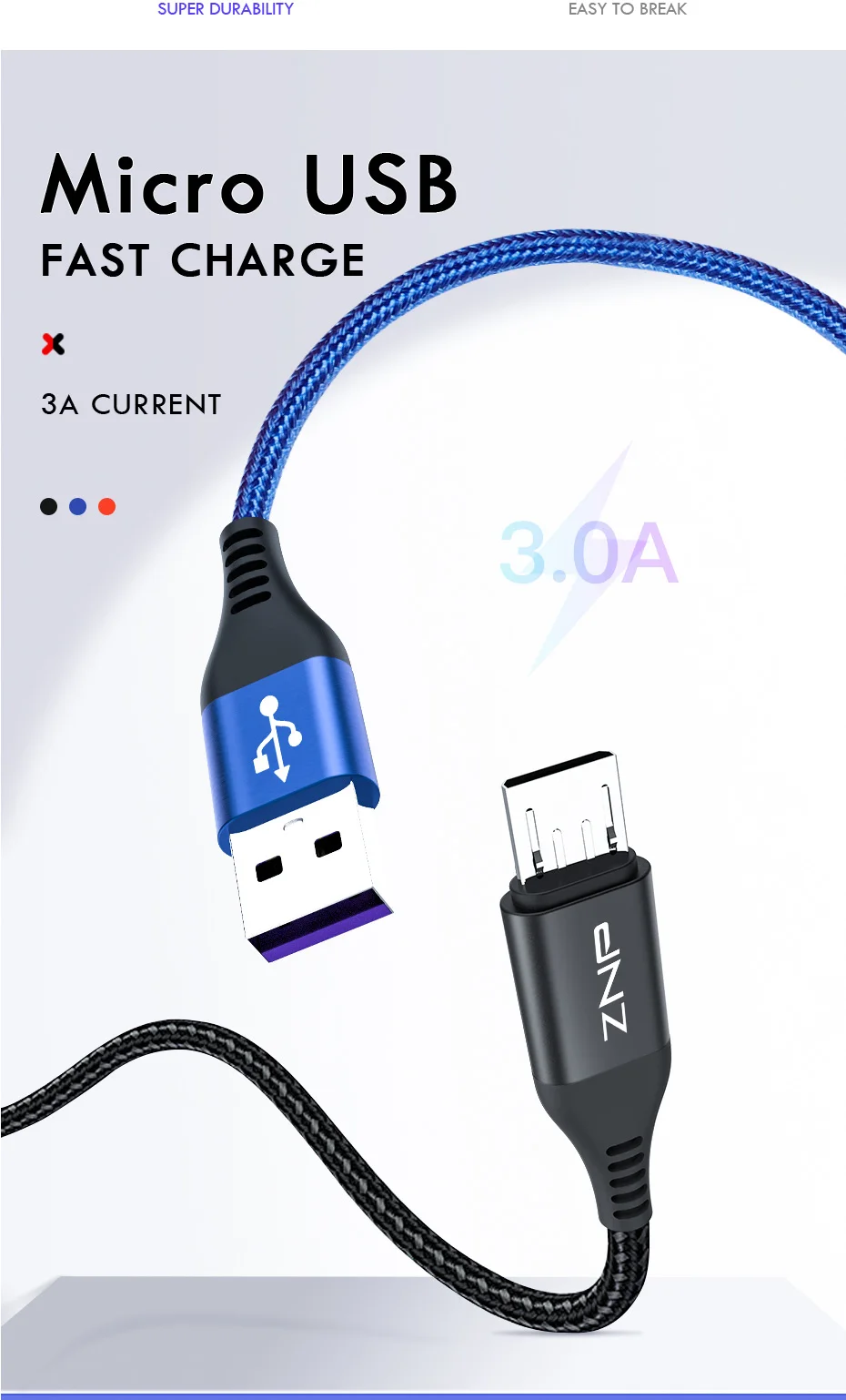 ZNP 1 м 2 м 3 А Micro USB кабель для samsung Xiaomi зарядное устройство Micro USB быстрая зарядка кабели для передачи данных для samsung S7 мобильный телефон