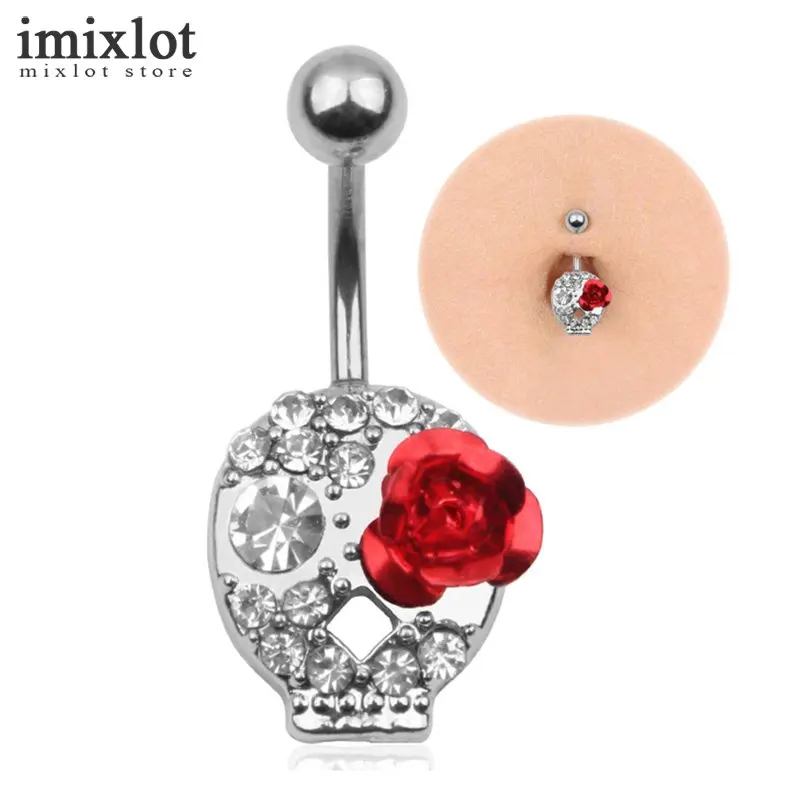 Imixlot Women Belly Button Rings Navel Piercing Red Flower Rhinestone