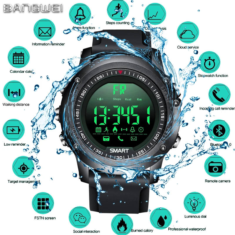 

BANGWEI 2018 New Men Digital Electronic Watch Call Information Reminder 50 Meters Depth Waterproof Sport Pedometer Smart Watch