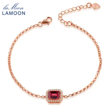

LAMOON Trendy Design 1.1ct Natural Rectangular Red Garnet 925 Sterling Silver Jewelry Charm Bracelets For Women Party Gift HI001