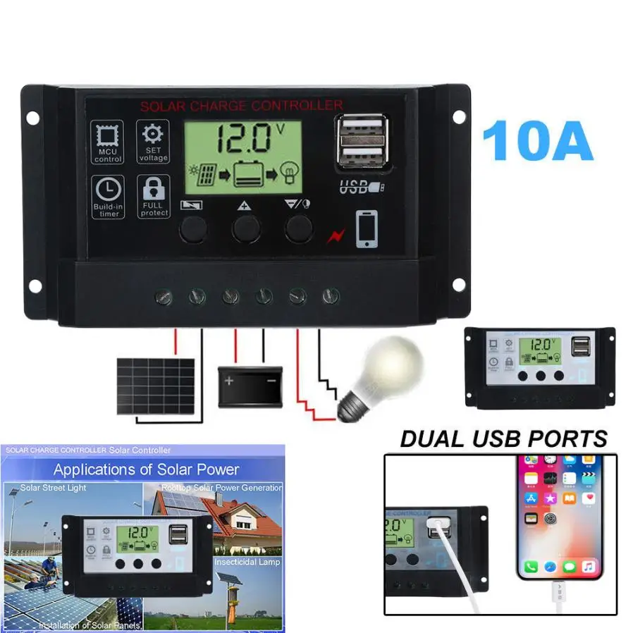 

Solar Panel Regulator Charge Controller USB 10A 12V-24V with Dual USB Charger phone charger usb charger portable charger
