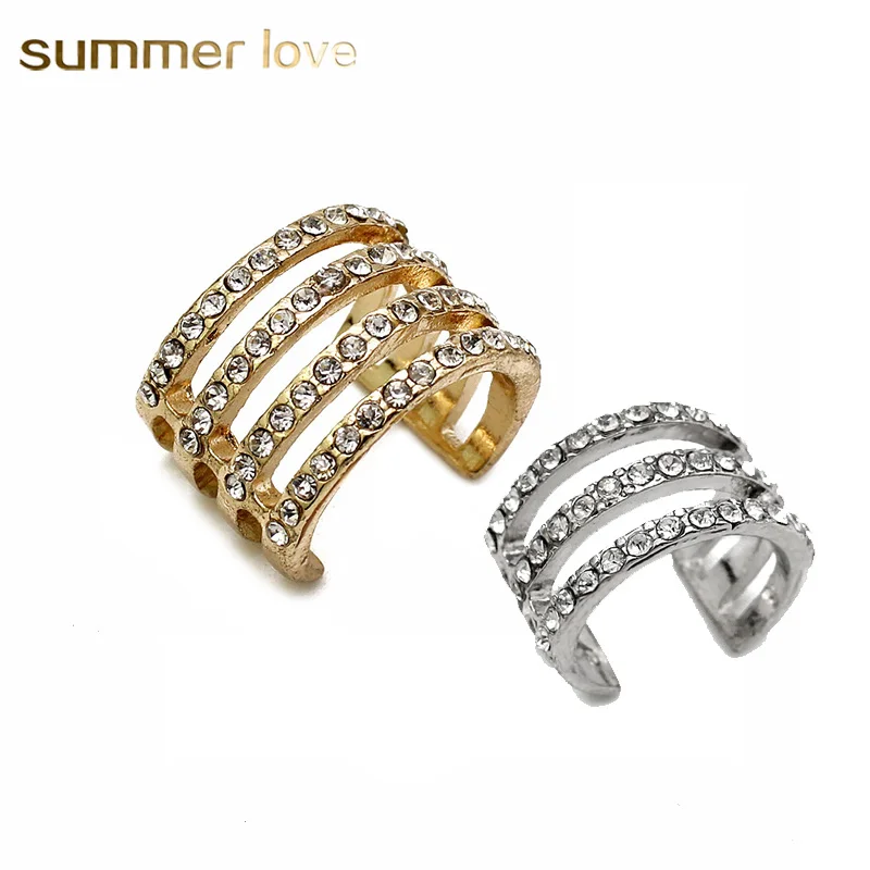 

New Punk Cuff Ring Open Crystal Rings Gold Silver Color Wide Knuckle Rings Finger Ring for Women Party fashion Jewelry Size 5/7