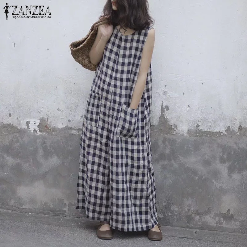 ZANZEA 2021 Summer Wide Leg Rompers Women Vintage Plaid Checked Sleeveless Loose Jumpsuits Pants Casual Baggy Overalls Plus Size