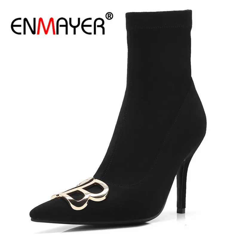 

ENMAYER Metal Woman Ankle boots shoes Flock Winter Causal Thin heel Ladies Fashion boots Size 34-40 Pointed toe Zipper CR1104