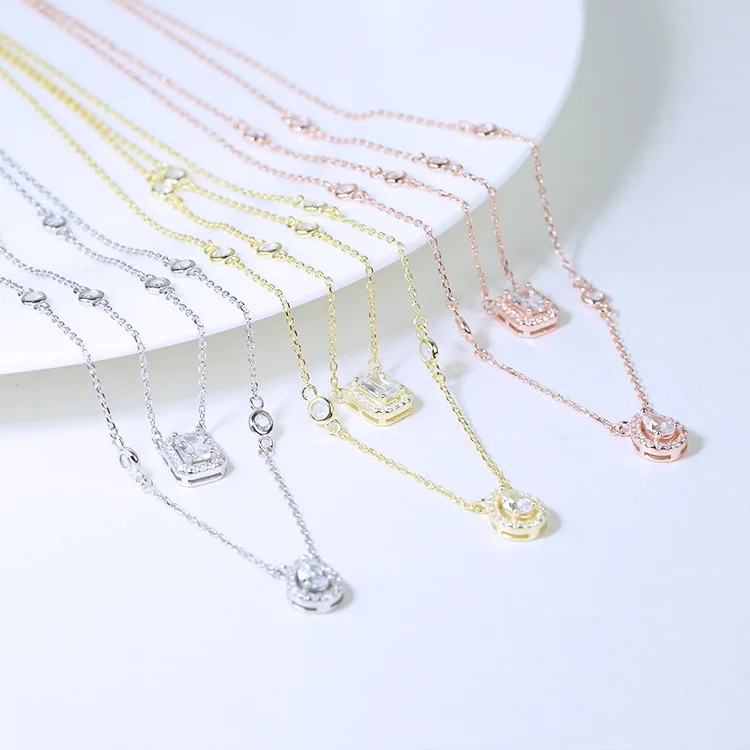 

Hot brand 925 Sterling Silver Zircon square stone Necklace For Women With logo tag France brand drop water Necklace