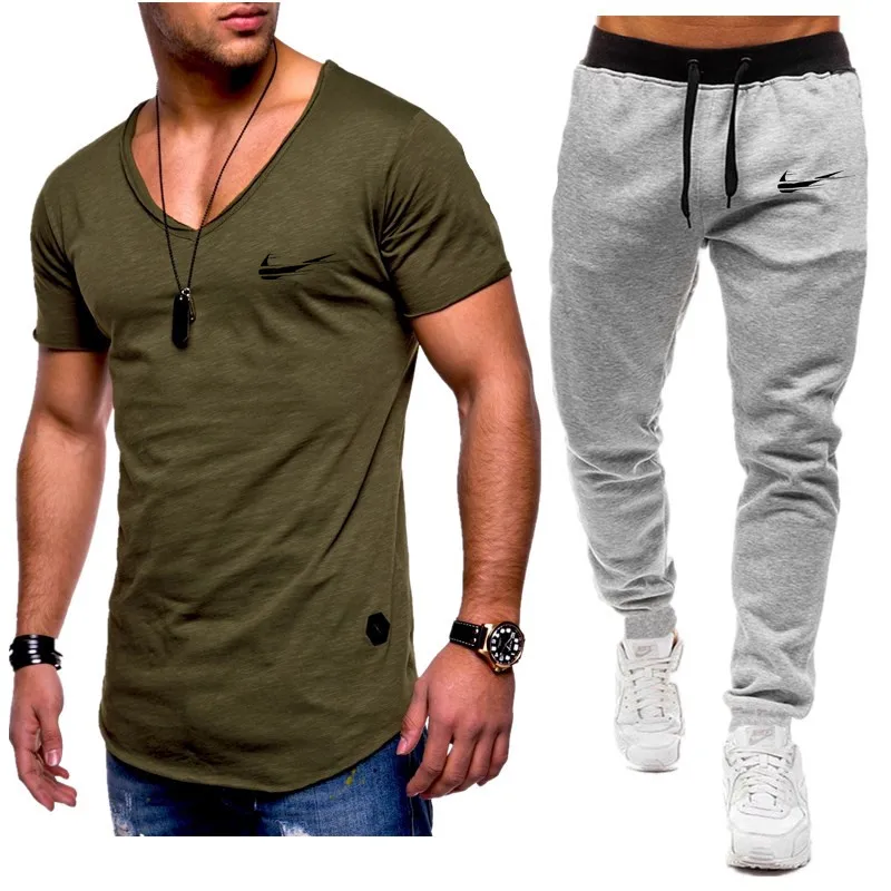 Homens de Moda Duas pechas Define t+ calchas Terno Homens Verao топы, футболки Marca de Moda impresssano Camiseta de Alta Qualidade spor - Цвет: 1