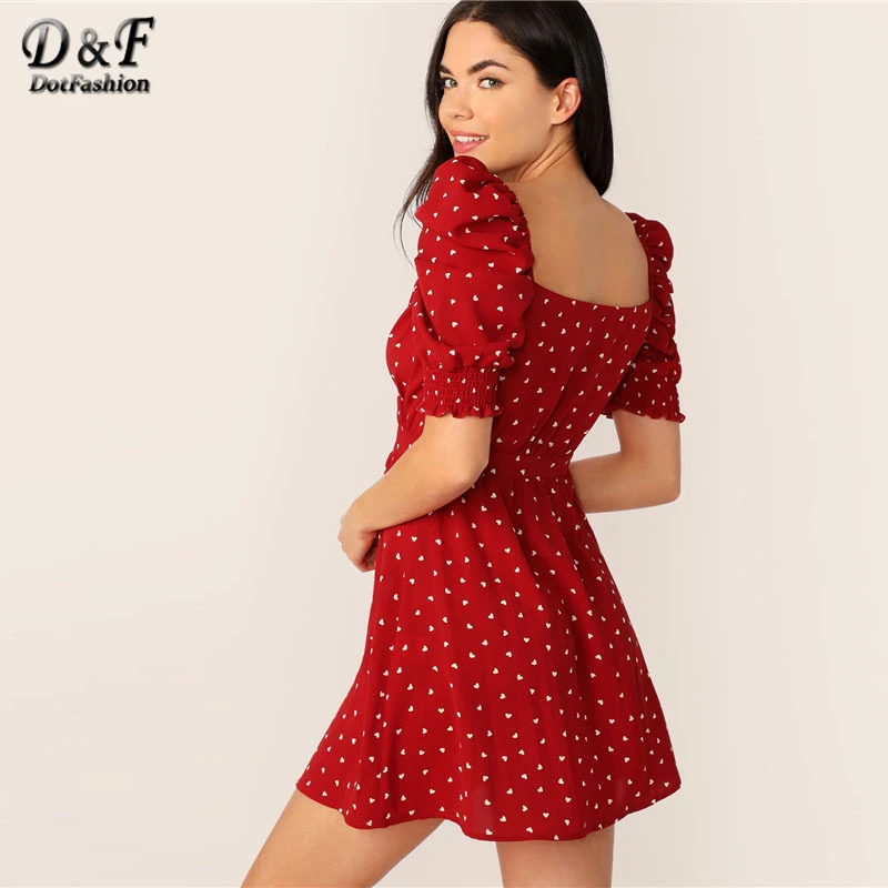 Dotfashion زر أبيض عودة كشكش تنحنح الاستوائية طباعة اللباس النساء 2019 الصيف بوهو قصيرة الأكمام قطرة الخصر تونك فساتين قصيرة