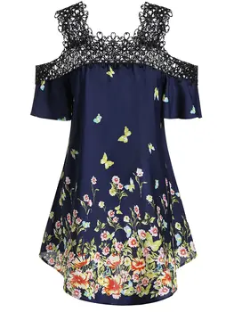

Wipalo Plus Size Floral Print Lace Insert Blouse Summer Women Blouse Square Neck Cold Shoulder Long Shirts 7 Colors Blusas 2019