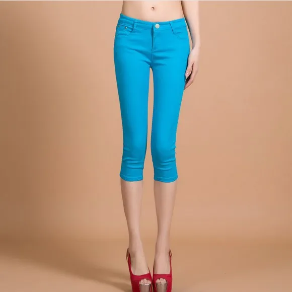 

Women Elastic Jeans Candy Color Tight Pencil Pants Casual Female Trousers Mid Waist Calf-Length pants Clothing