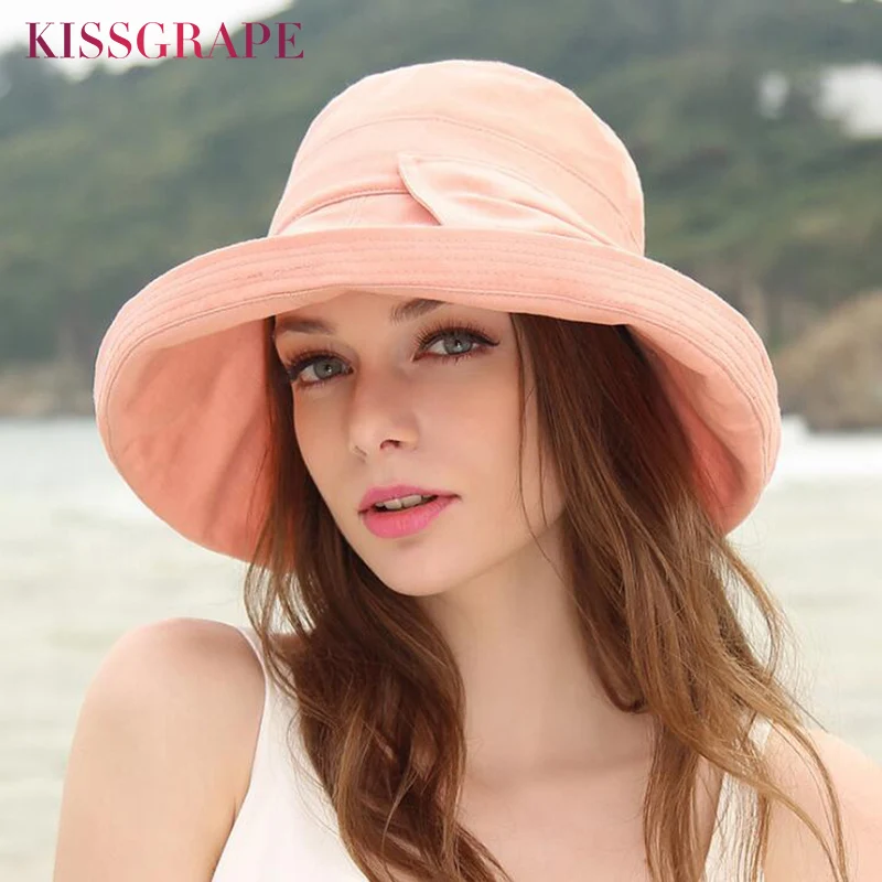 2018 New Spring Summer Women's Sun Hats Solid Color Flodable Caps Women Bucket Hats with Wide Brim Bowtie Ladies Elegant Caps 