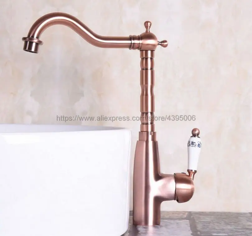 

Antique Red Copper Deck Mount Bathroom Kitchen Faucet Single Handle 360 Rotate Basin Sink Mixer Taps Hot and Cold Water Bnf132