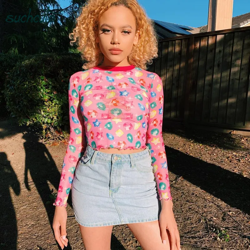 

SUCHCUTE Top Women Mesh Shirts With Print Femme Vintage Modis Harajuku Fashion Korean Street Wear Female Tops Ladies' Tee shirt