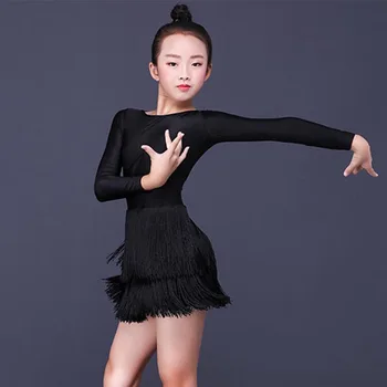 

Latin Dance Dress Kids Black Ice Silk Long Sleeve Fringe Skirt Girls Practice Performance Dancewear Child Tango Salsa DN3084