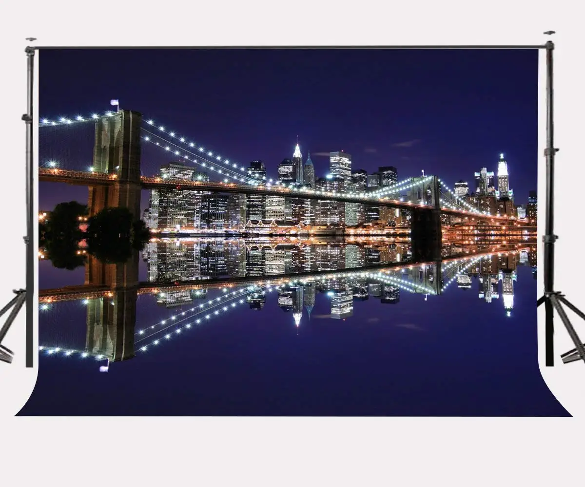 

150x220cm Modern City Night View Backdrop Brooklyn Bridge Modern Glittering Buildings Photography Background