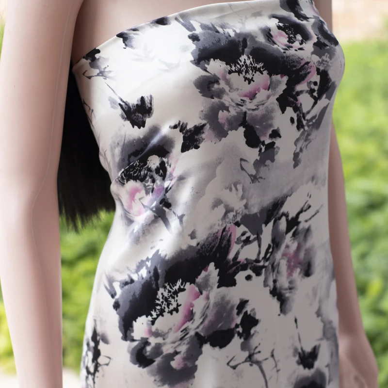 

China Silkworm Silk crepe satin plain Stretch Satin Wide Heavy Silk Ink painting pattern Summer High-end Garment Fabric