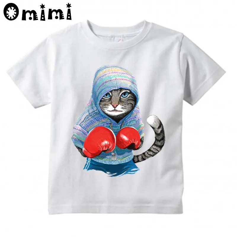 Мальчики/Девочки супер бокс Cat атаки Дизайн футболка Дети Повседневное крутые Топы Детская летняя белая Милая футболка