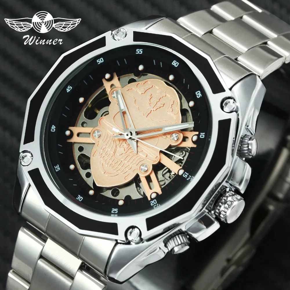 

WINNER Fashion Business Auto Mechanical Watch Men Stainless Steel Strap Top Brand Luxury Rose Golden Skull Skeleton Wristwatches