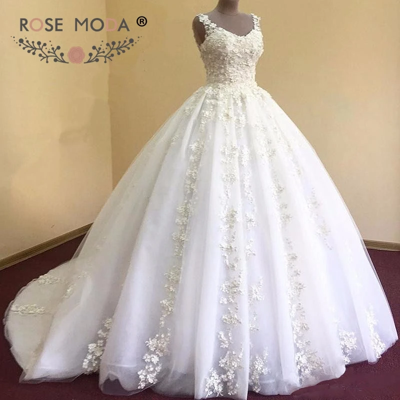 Rose Moda Luxury Cap Sleeves V Neck French Lace Wedding Ball Gown Puffy ...