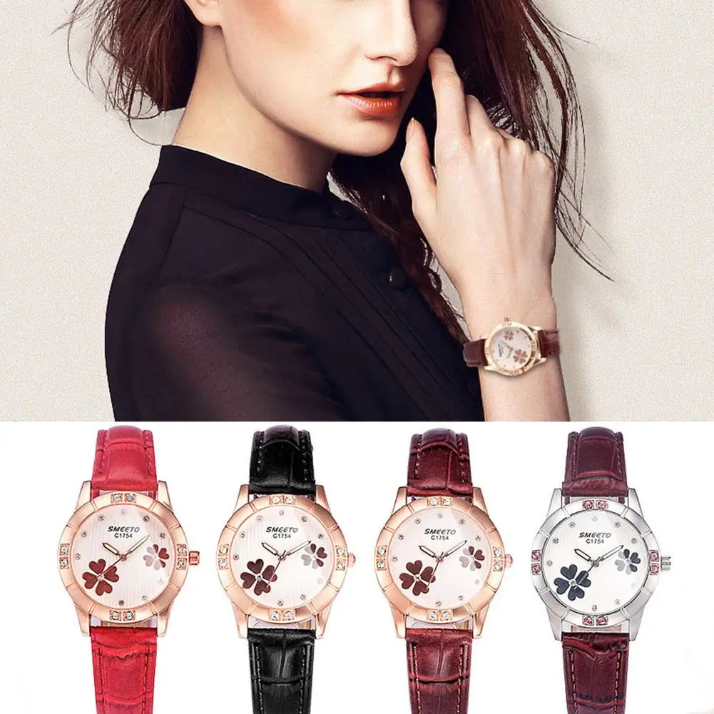 

Fashion OL Luxury Rhinestone Inlaid Lucky Clover Dial Analog Quartz Faux Leather Band Women Wrist Watch Gift
