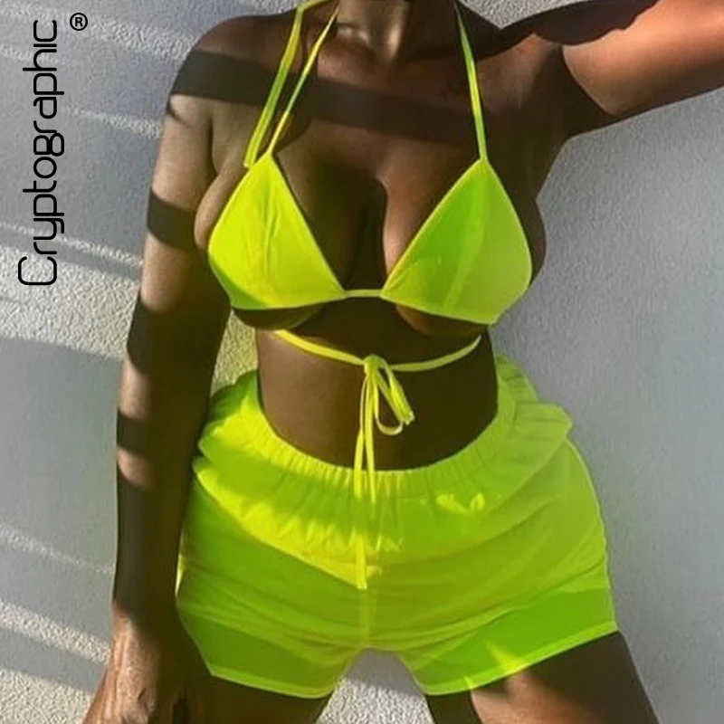 

Cryptographic Holographic Matching Sets Women Two Piece Swimwear Outfits Halter Bikini Neon Fashion High Waist Shorts Beachwear