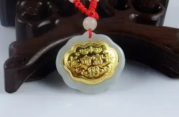 

Gold inlaid jade long life rich lock baby child Guanyin long life lock pendantH18#