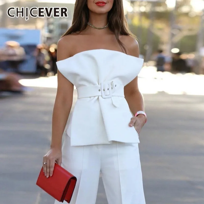 

CHICEVER Sexy Strapless Women's Blouse Sleeveless Tunic With Sashes Draped Shirt Female Summer 2019 Fashion Clothes