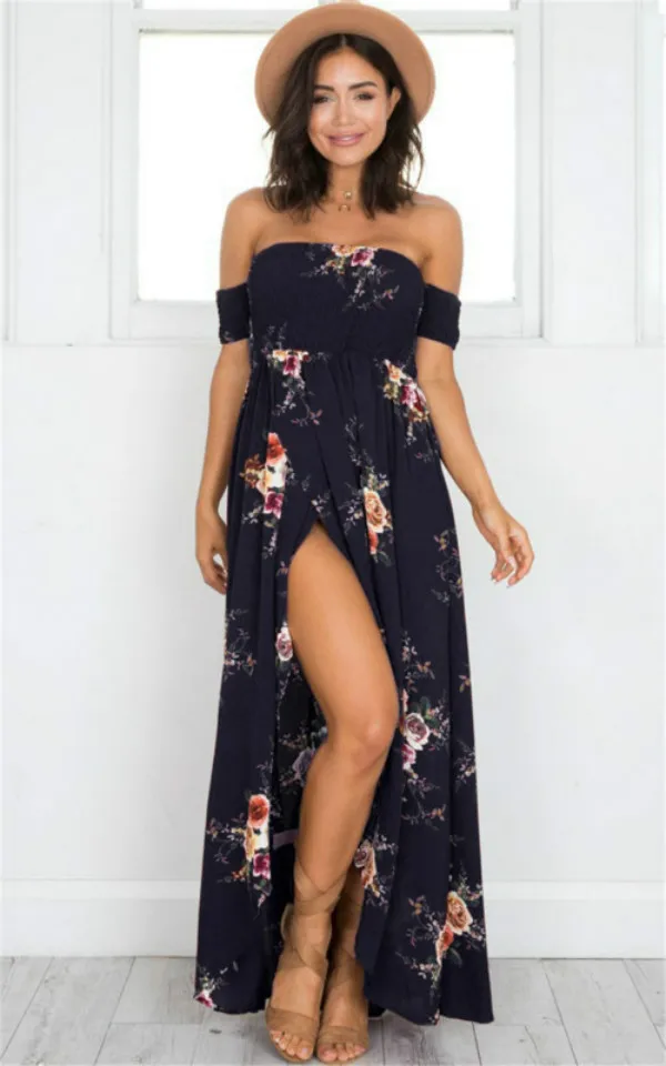 Бохо стиль длинное платье женское с открытыми плечами пляжные летние платья цветочный принт винтажное шифоновое макси платье Vestidos размера плюс
