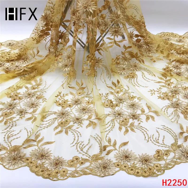 

Latest African Lace Fabric Gold French Net Embroidery 3D Flower Tulle Lace Fabric For Nigerian Beads Stones Wedding Dress F2250