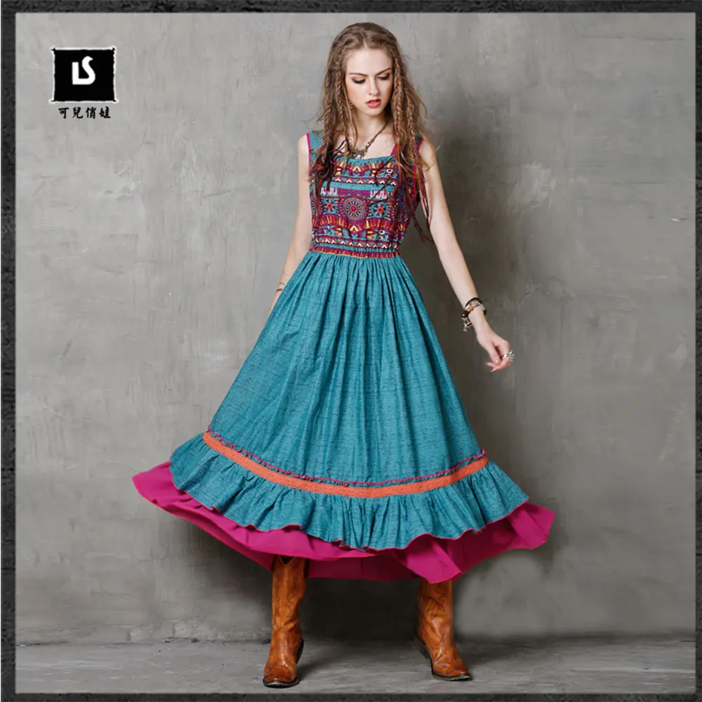 Летняя Новинка 2017 г. женское платье Boho хлопок белье печатных жилет Национальный