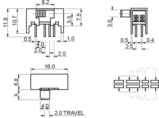 10 шт. x DC 50 в 0.5A DP3T 2P3T PCB мини горизонтальный скользящий переключатель SK23D05-G6(SK23D08-G6) 8 Pin 3 позиции