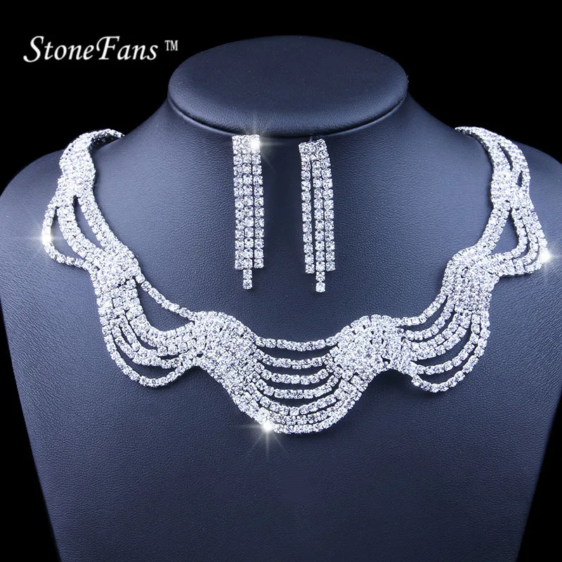 StoneFans, волнистая форма, Кристалл, Свадебные Ювелирные наборы, серебряный цвет, свадебное ожерелье, набор для женщин, ювелирные аксессуары, Femme, Круглый