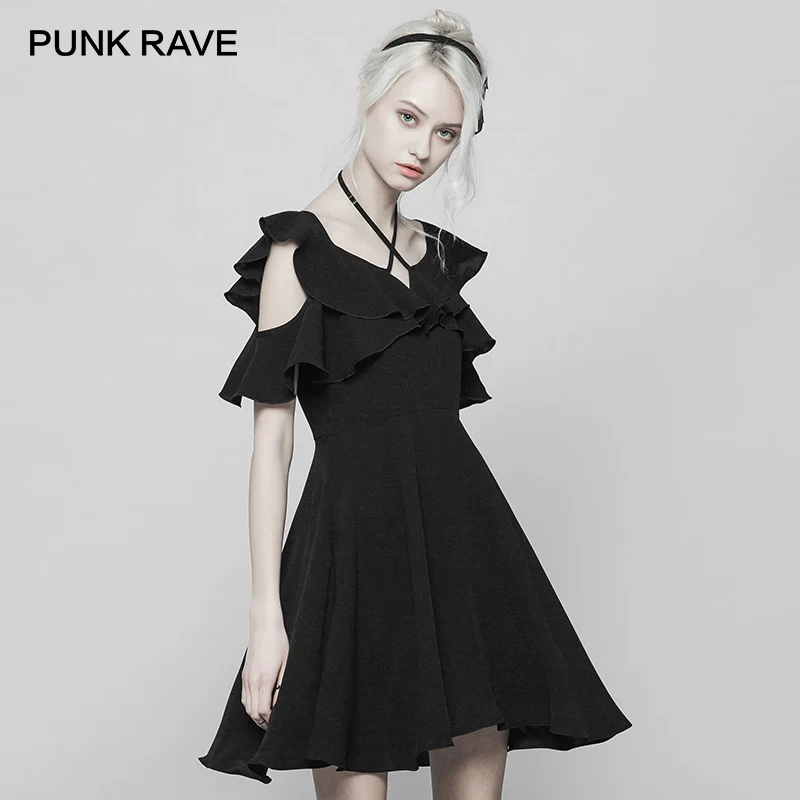 

PUNK RAVE New Women's Black Lotus Ruffle Sleeve Halter Neckline A-line Bandage Dress Fashion V-Neck Edge Mini Chiffon Dresses