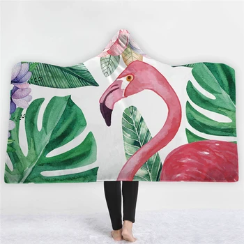 

3D Flamingo Tropical Plants Printed Pink Hooded Blanket for Adults Kids Pink Fleece Woman Throw Blankets Microfiber