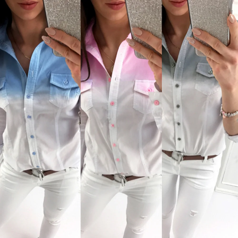 Tanie Sprzedaży gradientu kieszeń na guzik koszula z długim rękawem top damski wiosna lato moda szczupłe dziewczyny lato pojedynczy przedmiot