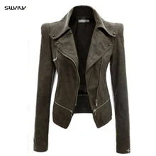 Мотоциклетная куртка из искусственной кожи с длинными рукавами и отворотами, тонкая модная куртка на молнии, повседневная кожаная куртка для женщин на осень и зиму, Новинка