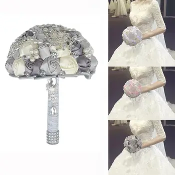 

New 1 Bouquet Artificial Flower Rhinestone Faux Pearl Artificial Rose Flower photobooth Props Bridal Bouquet Wedding Supplies De