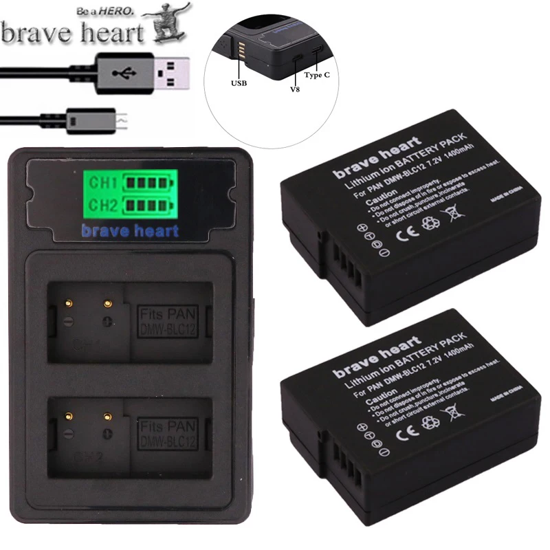 

2Pcs DMW-BLC12 DMW BLC12 dmw blc12e Camera Battery + LCD USB Charger for Panasonic FZ1000, FZ200, FZ300, G5, G6, G7,GH2,DMC-GX8