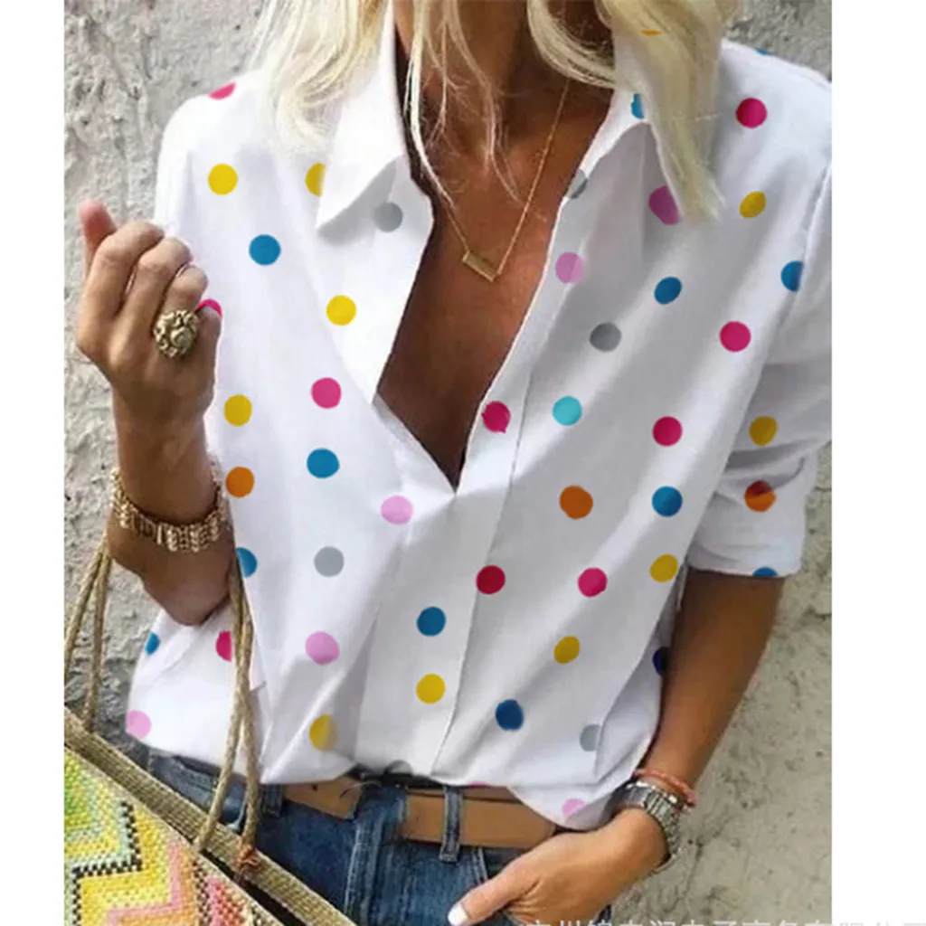 

Summer Blouse Women Tops Fashion Casual Long Sleeved Loose Dot Print Deep V Neck Shirt Bluzki Damskie Blusas Mujer De Moda 2019
