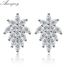 Anenjery 925 пробы Серебряный цветок лист AAA+ циркон Павлин Хвост Ледяной цветок серьги гвоздики для женщин brincos S-E211