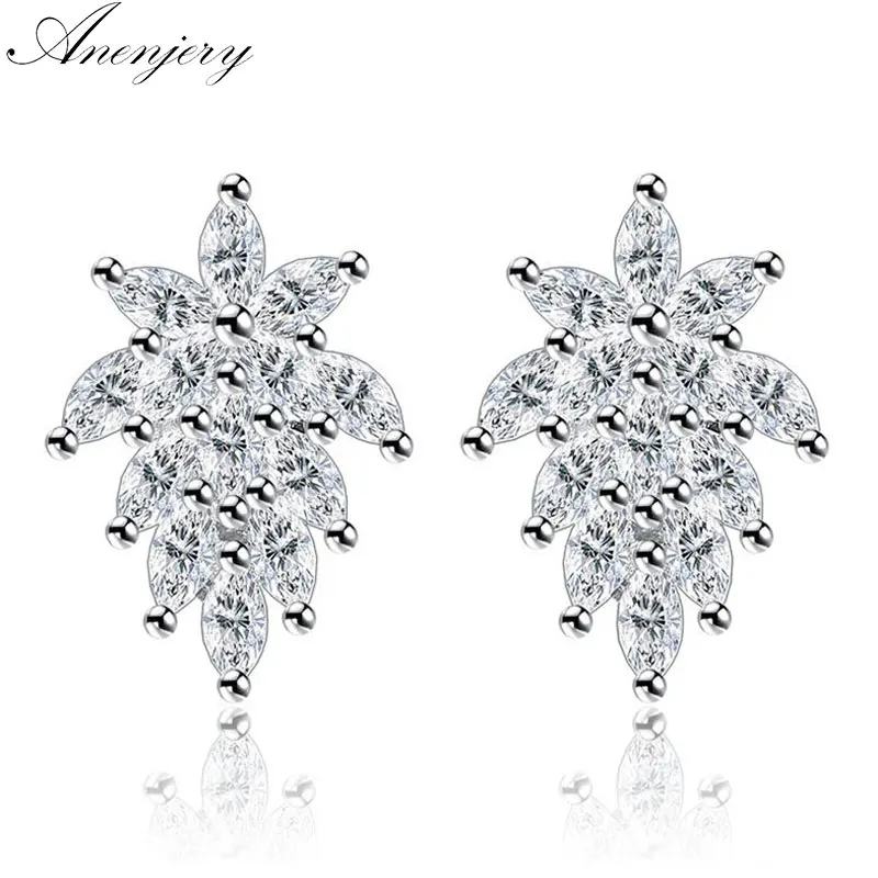 

Anenjery 925 Sterling Silver Flower Leaf AAA+ Zircon Peacock Tail Iceflower Stud Earrings For Women brincos S-E211