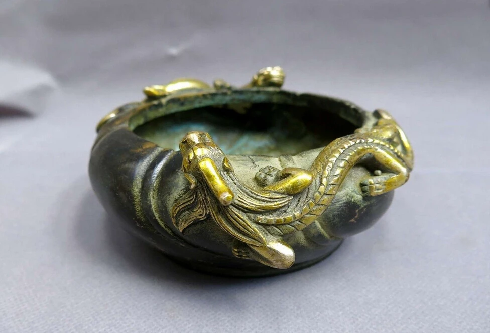 

China bronze gild carved good luck two dragon censer incense burner Statue