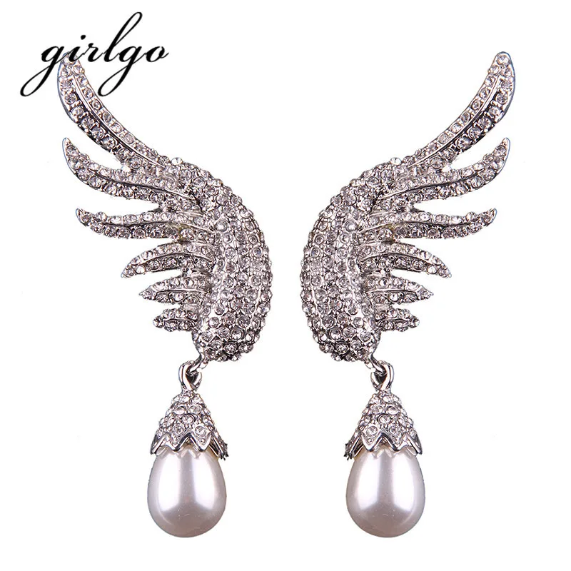 

Girlgo Charm Wings Drop Simulated Pearl Dangle Statement Earrings For Women Trendy Geometric Statement Earring Jewelry Hot Sale