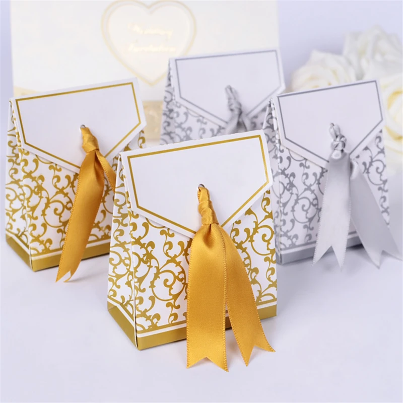 

100pcs/lot Personality Gold Silver Printing Pattern Ribbon Wedding Guest Return Gift Bag Paper Cookies Candy Chocolate Container
