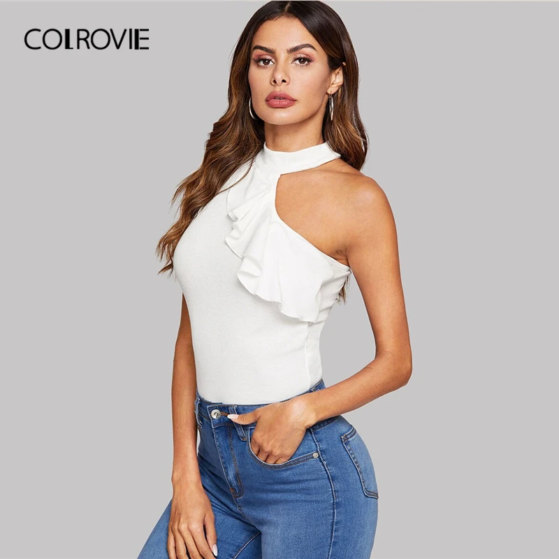 

COLROVIE Ruffle Detail Asymmetrical Neck Solid Top Women 2019 Summer Glamorous Elegant Office Ladies Cut Out Slim Fit Vests