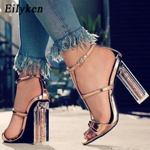 Eilyken золотые сандалии Леопард с кристаллами, с открытым носком, на высоком каблуке, пикантные женские прозрачные сандалии с закрытой пяткой и пряжкой на ремешке, туфли-лодочки 11 см