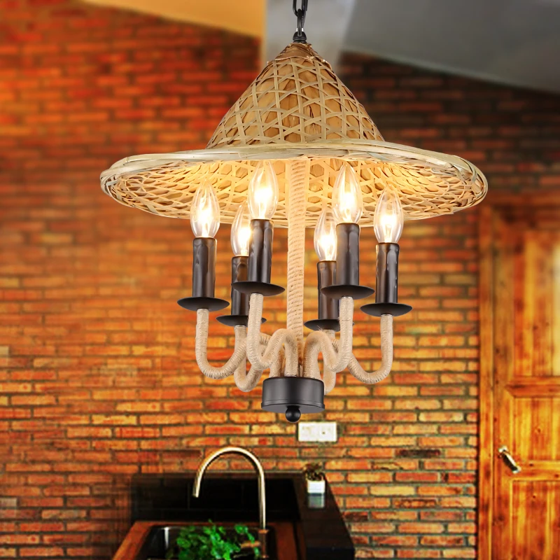 Whole Asian Lighting Fixtures From China Southeast Asian Retro Personality Country Hats Rope Iron Pendant Light Restaurant Bar Fixtures Lamparas