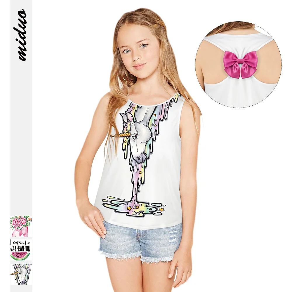 

2019 Summer Kids Girl 3D Printed White T Shirt Children Colorful Unicorn Watermelon Design T-shirts Back Bowknot Design T-shirt