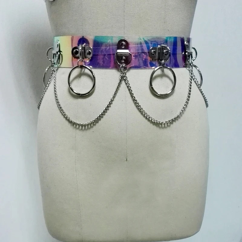 

100% Handmade Unisex Men Women Holographic Harness Waist Belt Vinyl PVC Hologram Circle Punk Gothic Chain Link Metal Straps