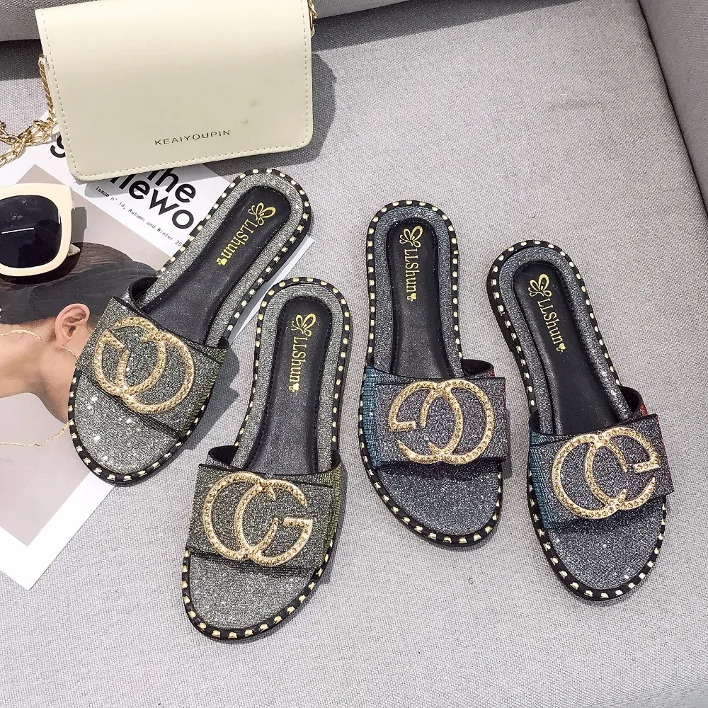 

zapatillas mujer 2019 Anti-slip women flip flops open toe Paillette glitter metal decoration low square heels 1.5cm slides